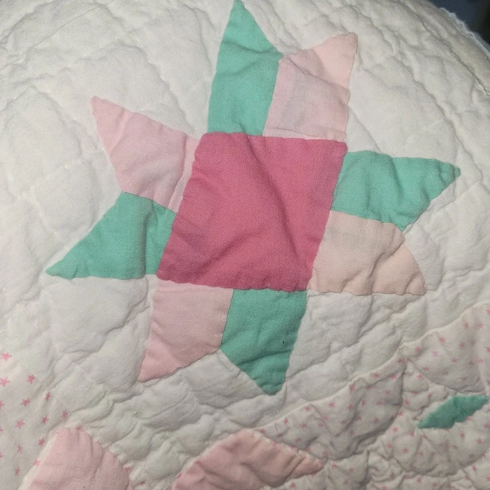 Vtg Handmade Amish Baby Quilt Blanket Irish Chain 8 Point Star Flower Basket